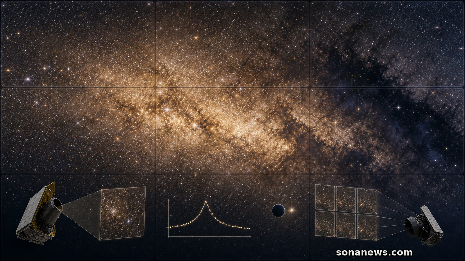 Dense Euclid Milky Way bulge starfield with dark dust lanes and Roman microlensing survey cues.