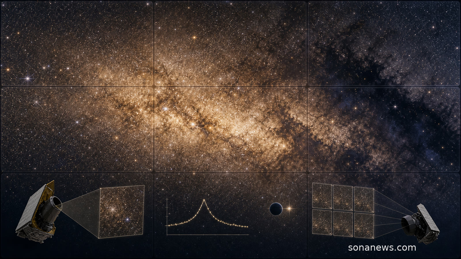 Dense Euclid Milky Way bulge starfield with dark dust lanes and Roman microlensing survey cues.