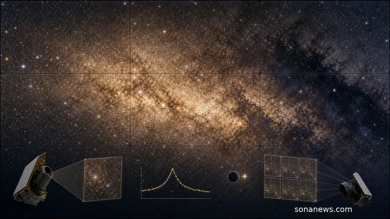 Dense Euclid Milky Way bulge starfield with dark dust lanes and Roman microlensing survey cues.
