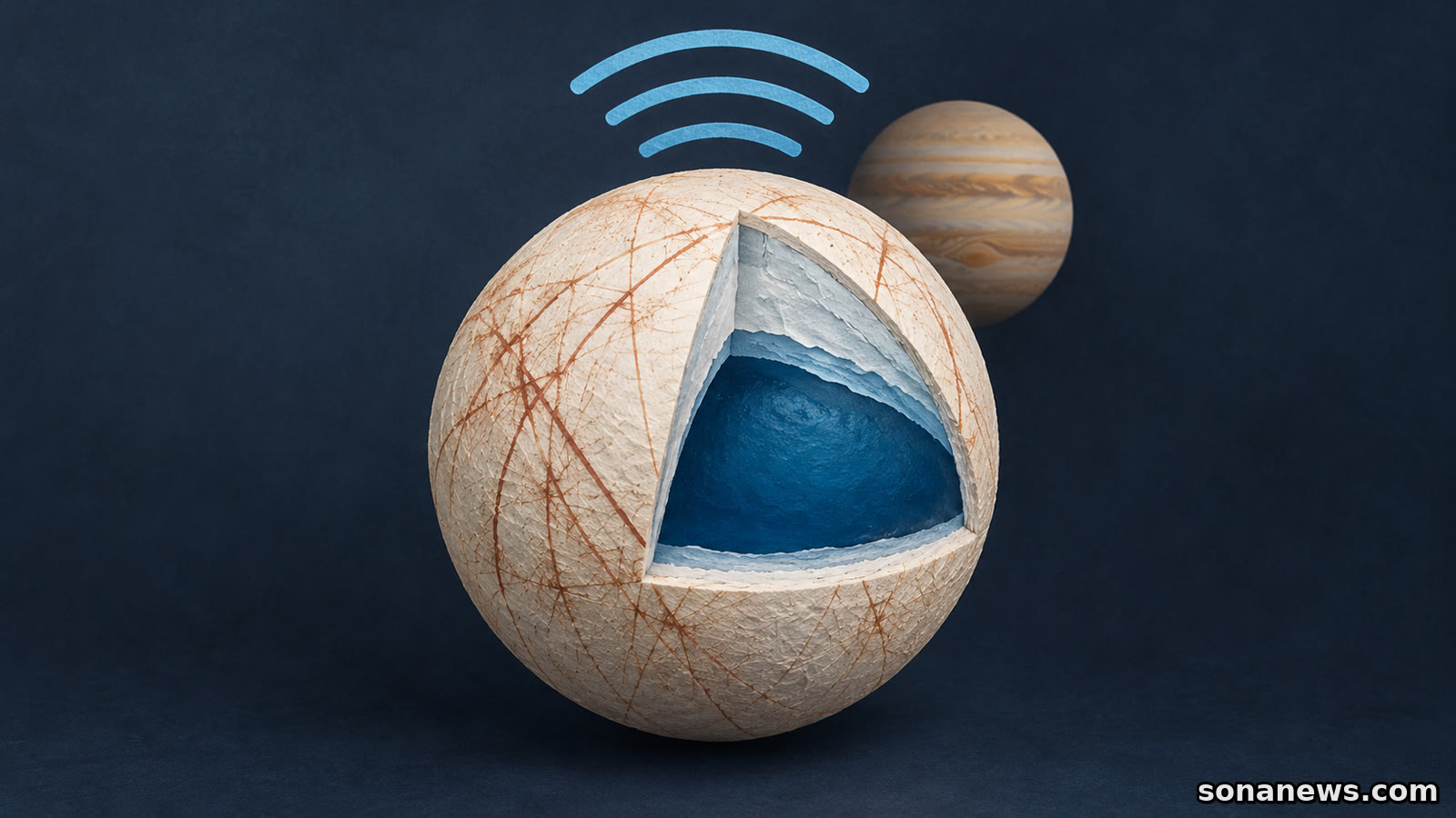 Conceptual cutaway of Europa's cracked ice and inferred ocean, with radio-wave arcs above the moon and a small Jupiter behind.