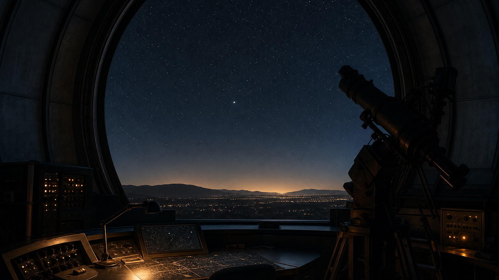 A quiet observatory dome under a star-filled sky, with a telescope aimed toward a small bright point.