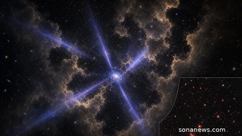 A compact early galaxy sends blue-violet Hubble light through amber cosmic fog around MXDFz4.4.