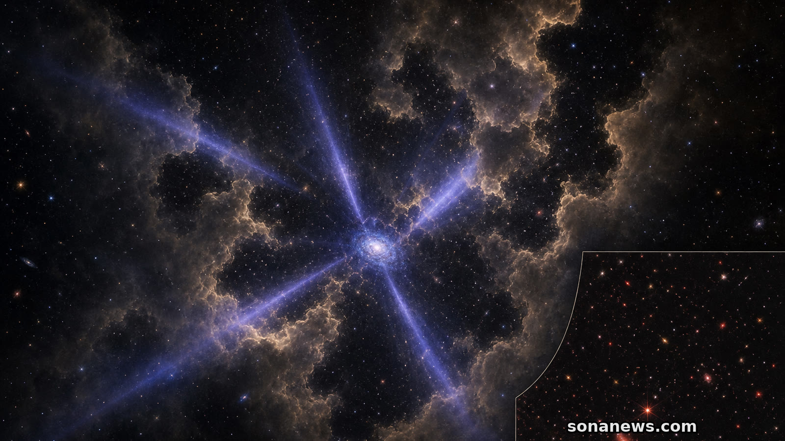 A compact early galaxy sends blue-violet Hubble light through amber cosmic fog around MXDFz4.4.