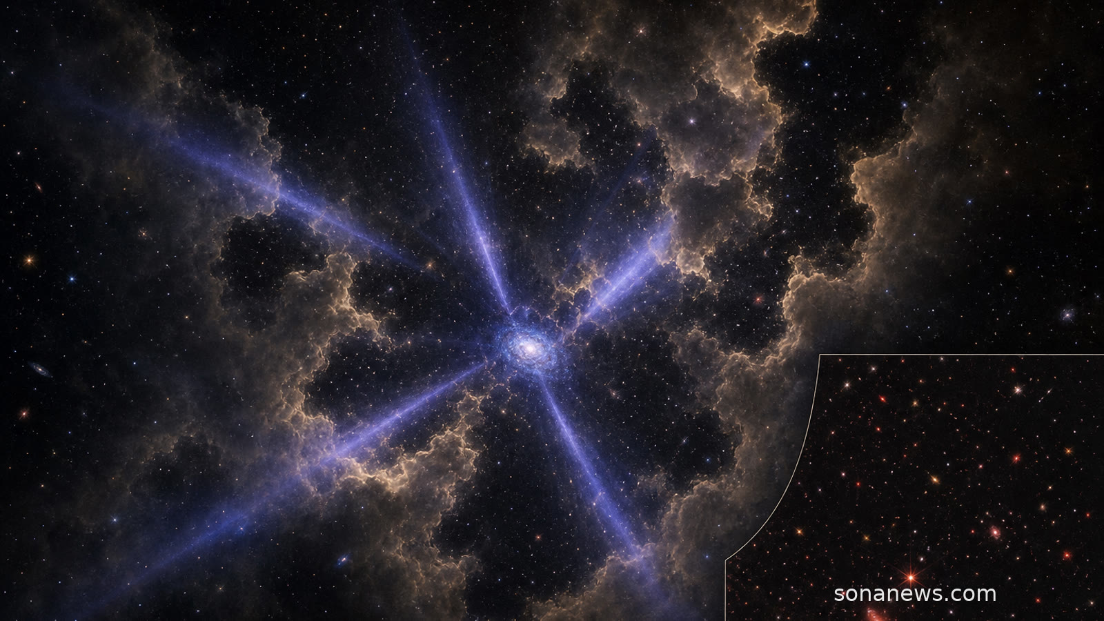 A compact early galaxy sends blue-violet Hubble light through amber cosmic fog around MXDFz4.4.