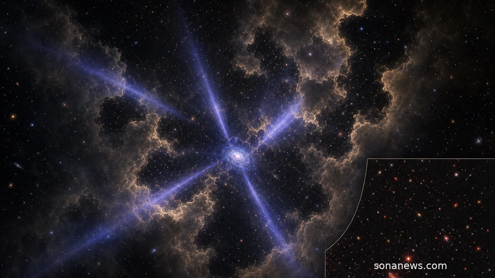A compact early galaxy sends blue-violet Hubble light through amber cosmic fog around MXDFz4.4.