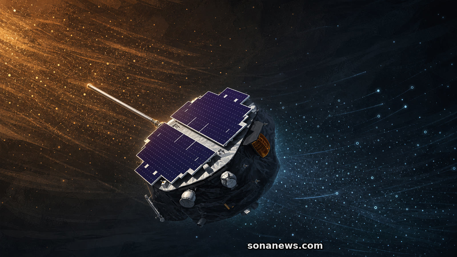 Conceptual IMAP spacecraft between warm solar-wind particles and cool interstellar dust in deep space.