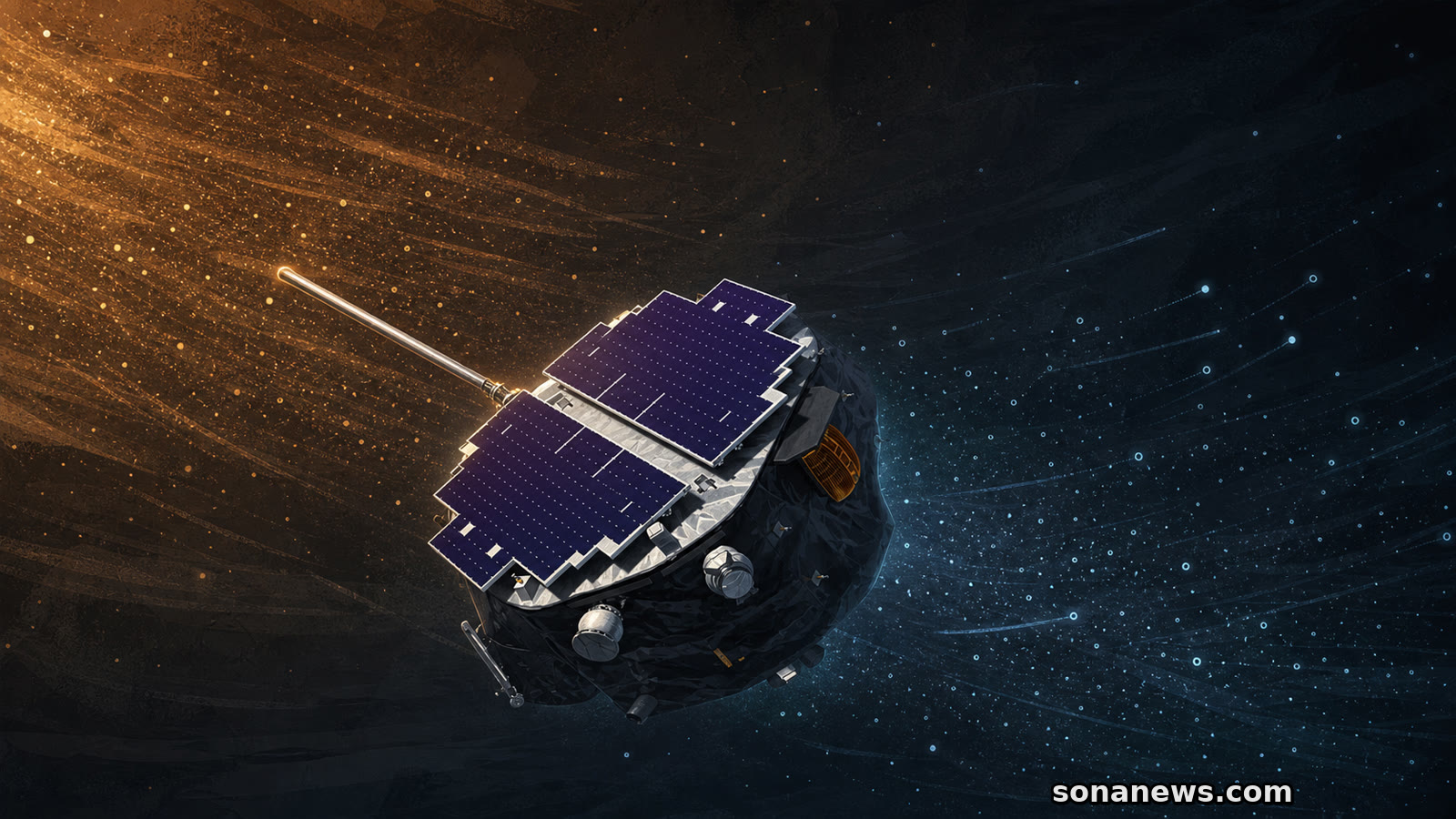 Conceptual IMAP spacecraft between warm solar-wind particles and cool interstellar dust in deep space.