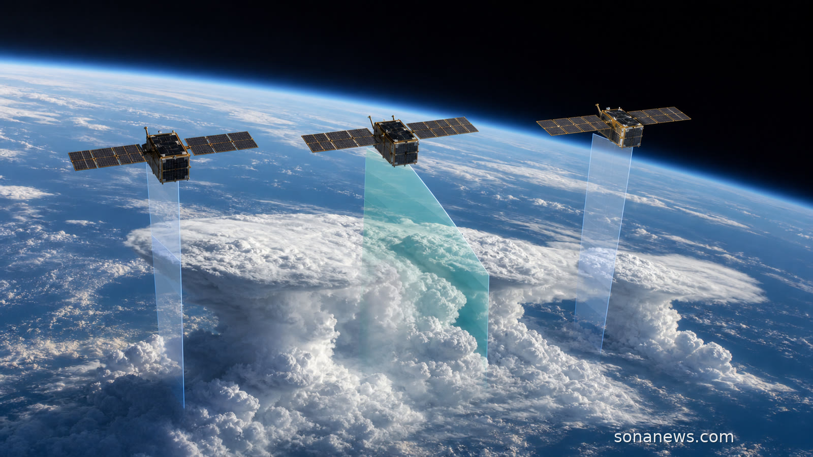Three INCUS storm satellites scan tropical convective cloud towers over Earth in a timed NASA mission concept.
