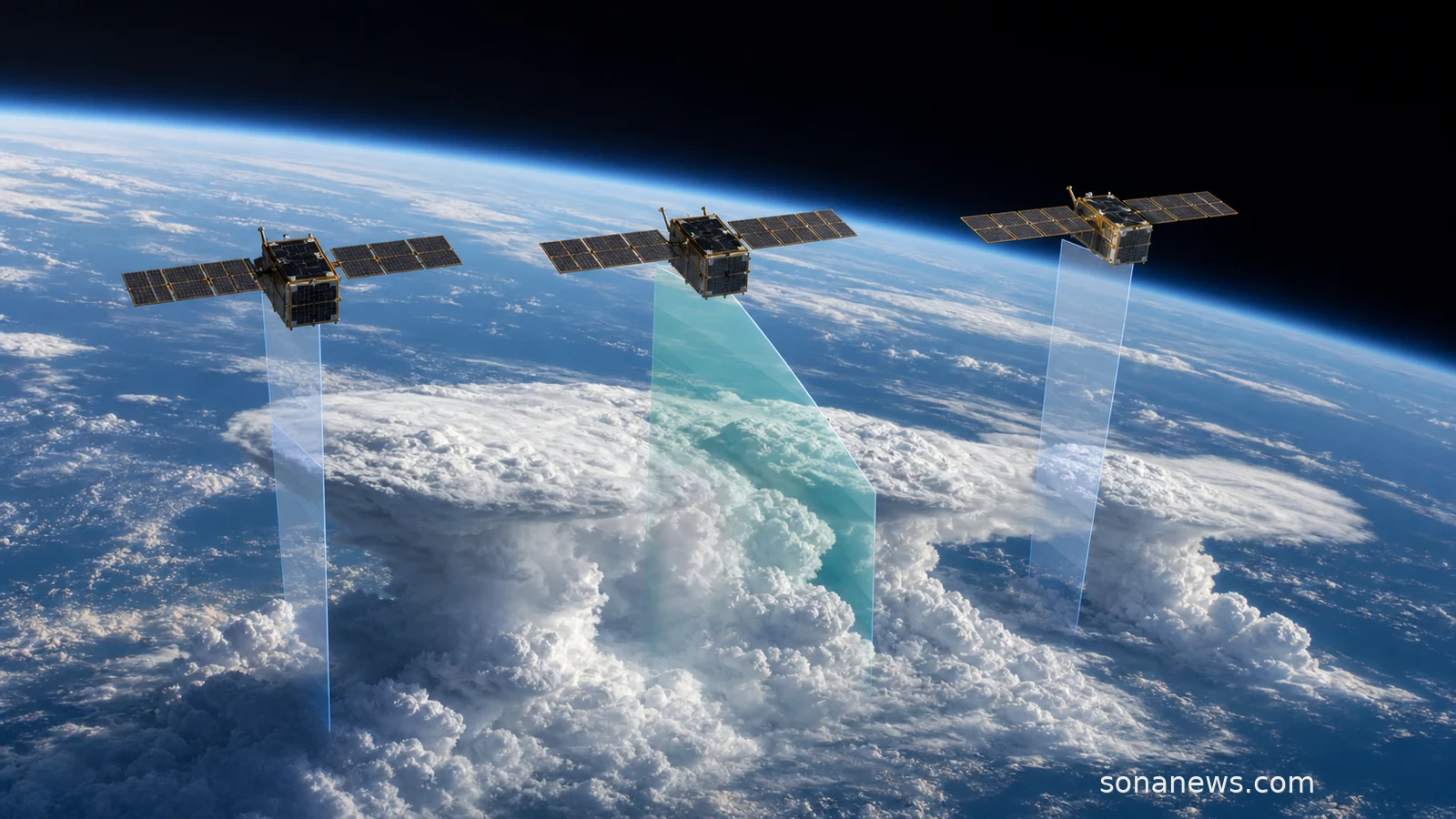 Three INCUS storm satellites scan tropical convective cloud towers over Earth in a timed NASA mission concept.