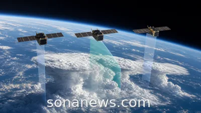 Three INCUS storm satellites scan tropical convective cloud towers over Earth in a timed NASA mission concept.