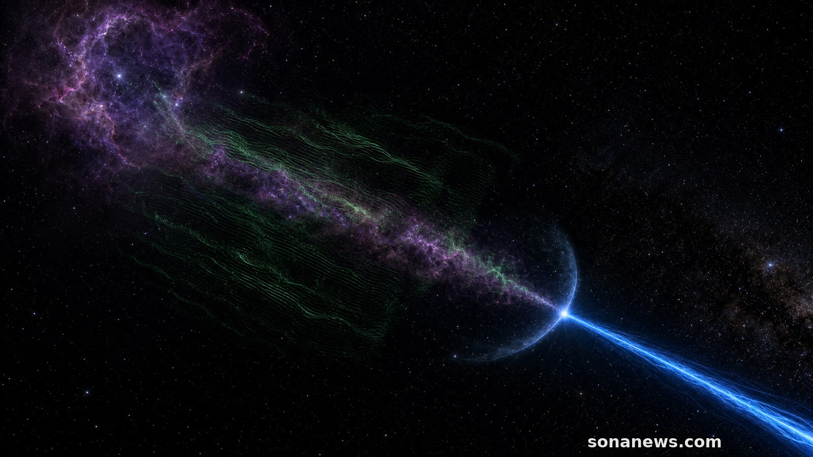 The Lighthouse pulsar races away from a purple supernova remnant as a narrow blue X-ray filament crosses its shorter green radio trail.