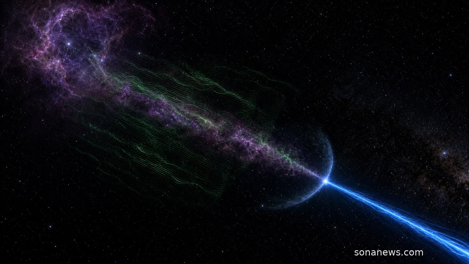 The Lighthouse pulsar races away from a purple supernova remnant as a narrow blue X-ray filament crosses its shorter green radio trail.