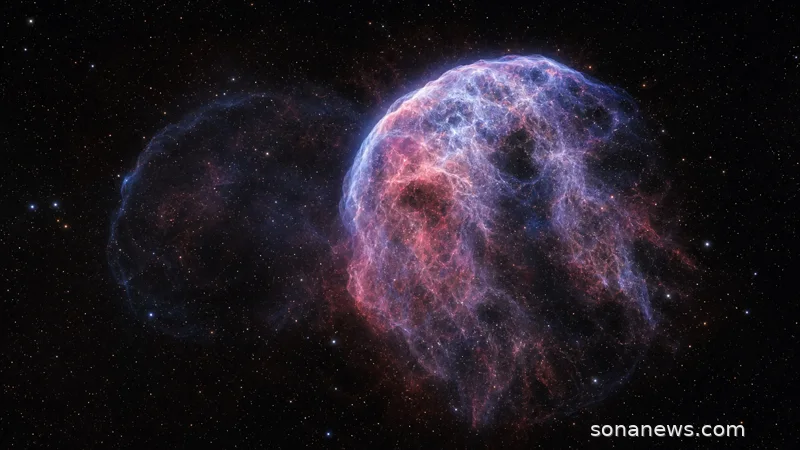 Two overlapping supernova remnants near the Jellyfish Nebula glow in restrained blue and rose light.