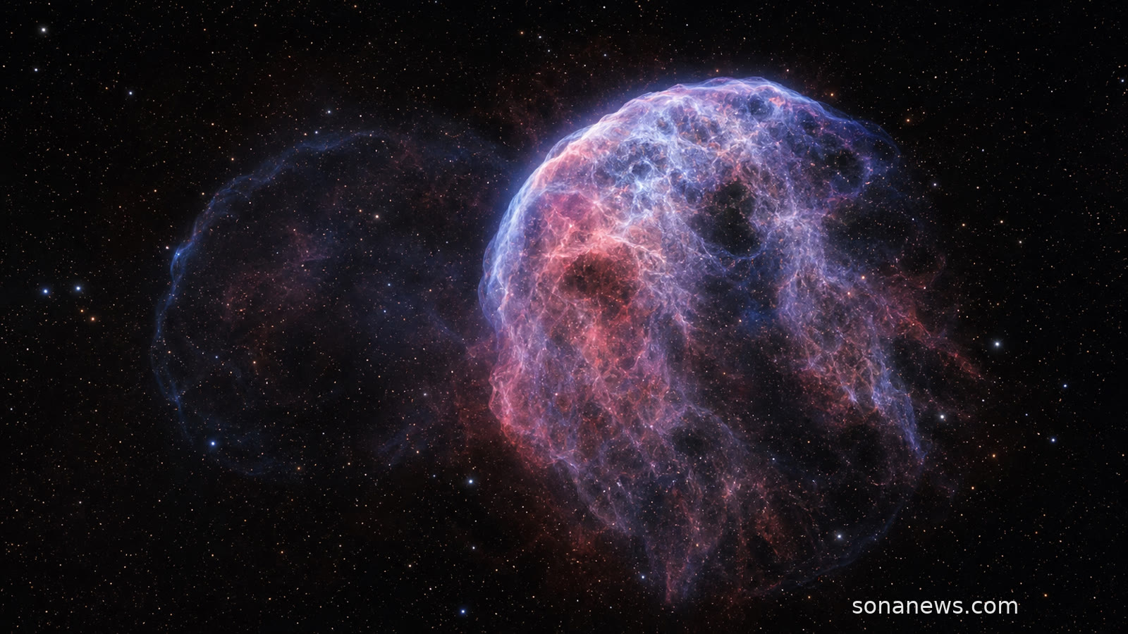 Two overlapping supernova remnants near the Jellyfish Nebula glow in restrained blue and rose light.