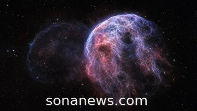 Two overlapping supernova remnants near the Jellyfish Nebula glow in restrained blue and rose light.