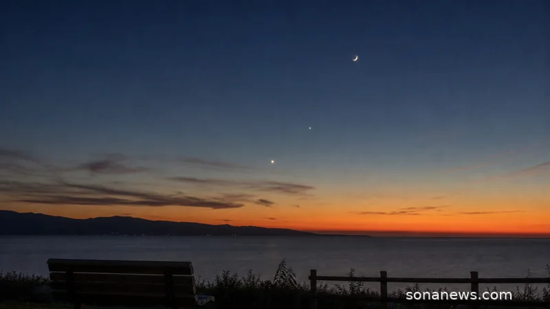 Western horizon after sunset with bright planets and crescent Moon, illustrating June skywatching low on the twilight horizon.
