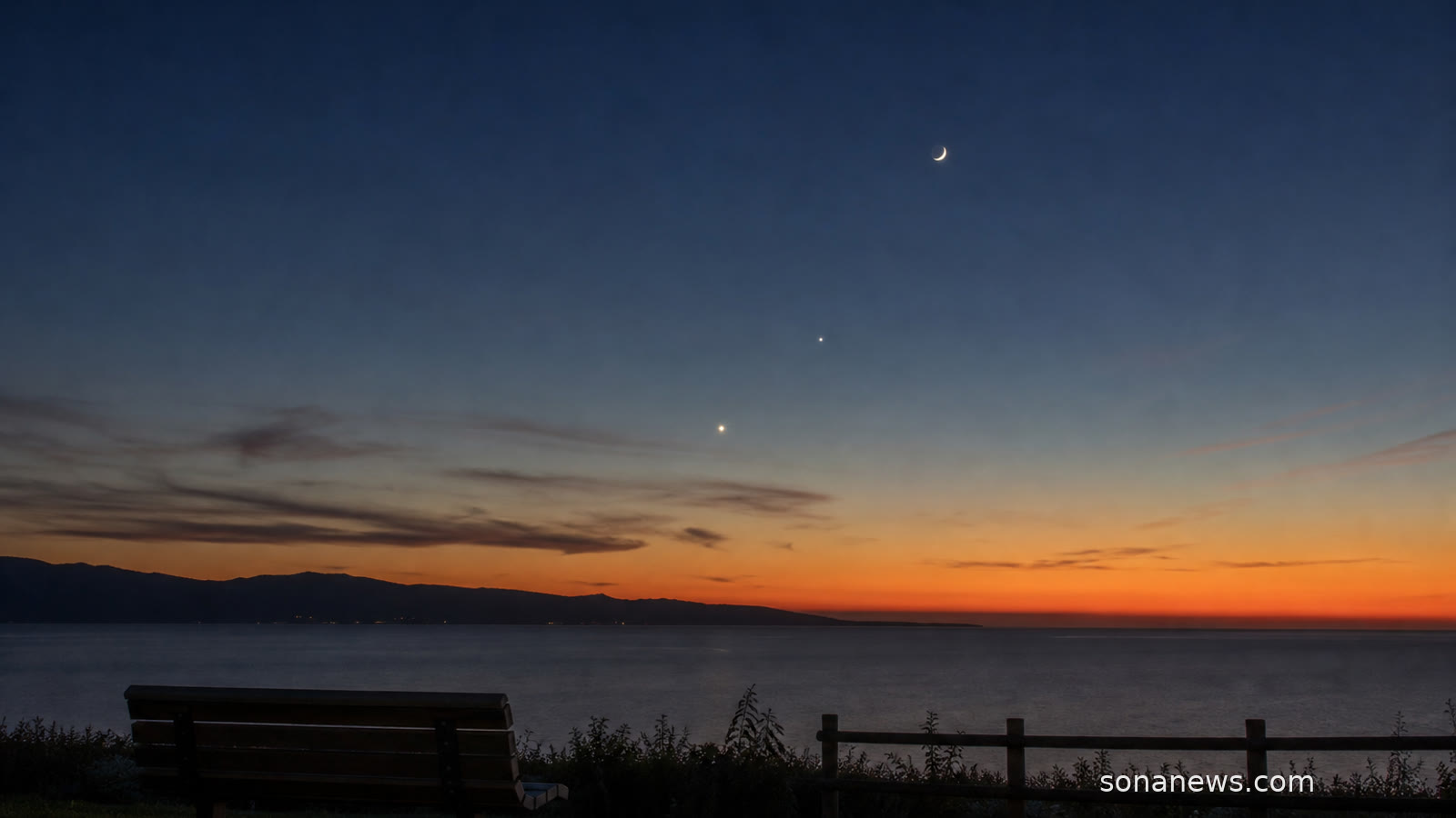 Western horizon after sunset with bright planets and crescent Moon, illustrating June skywatching low on the twilight horizon.