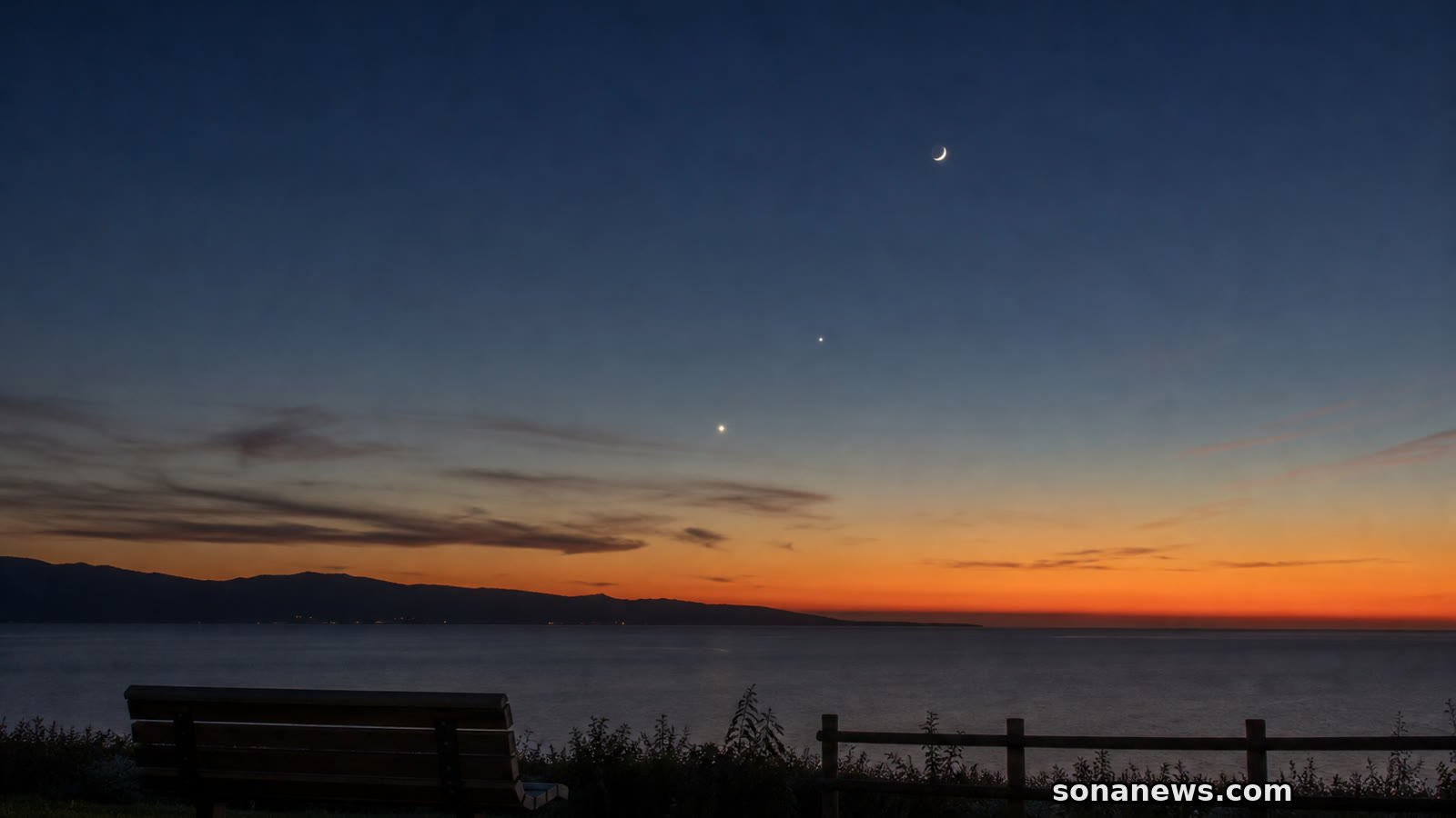 Western horizon after sunset with bright planets and crescent Moon, illustrating June skywatching low on the twilight horizon.