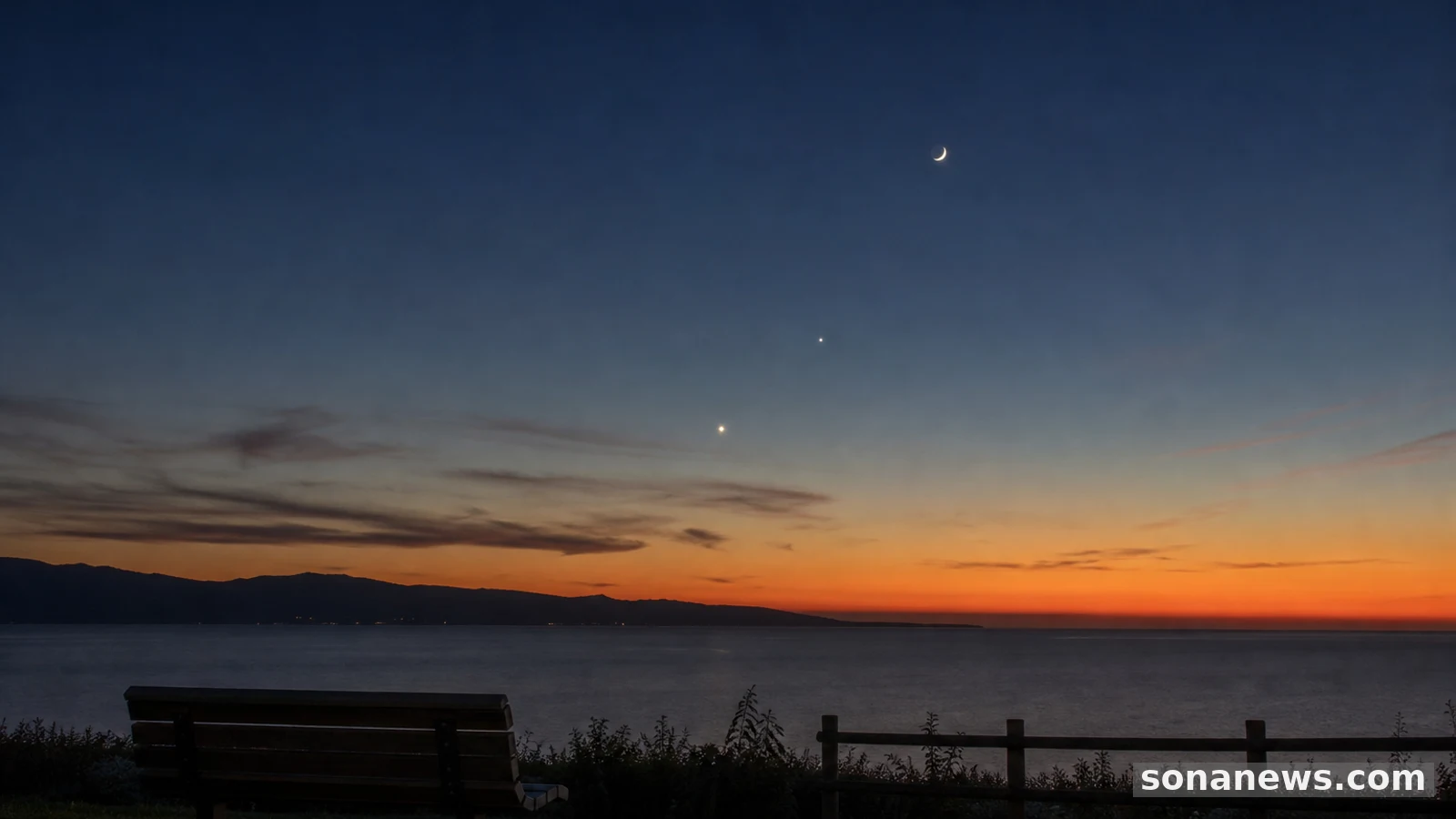Western horizon after sunset with bright planets and crescent Moon, illustrating June skywatching low on the twilight horizon.