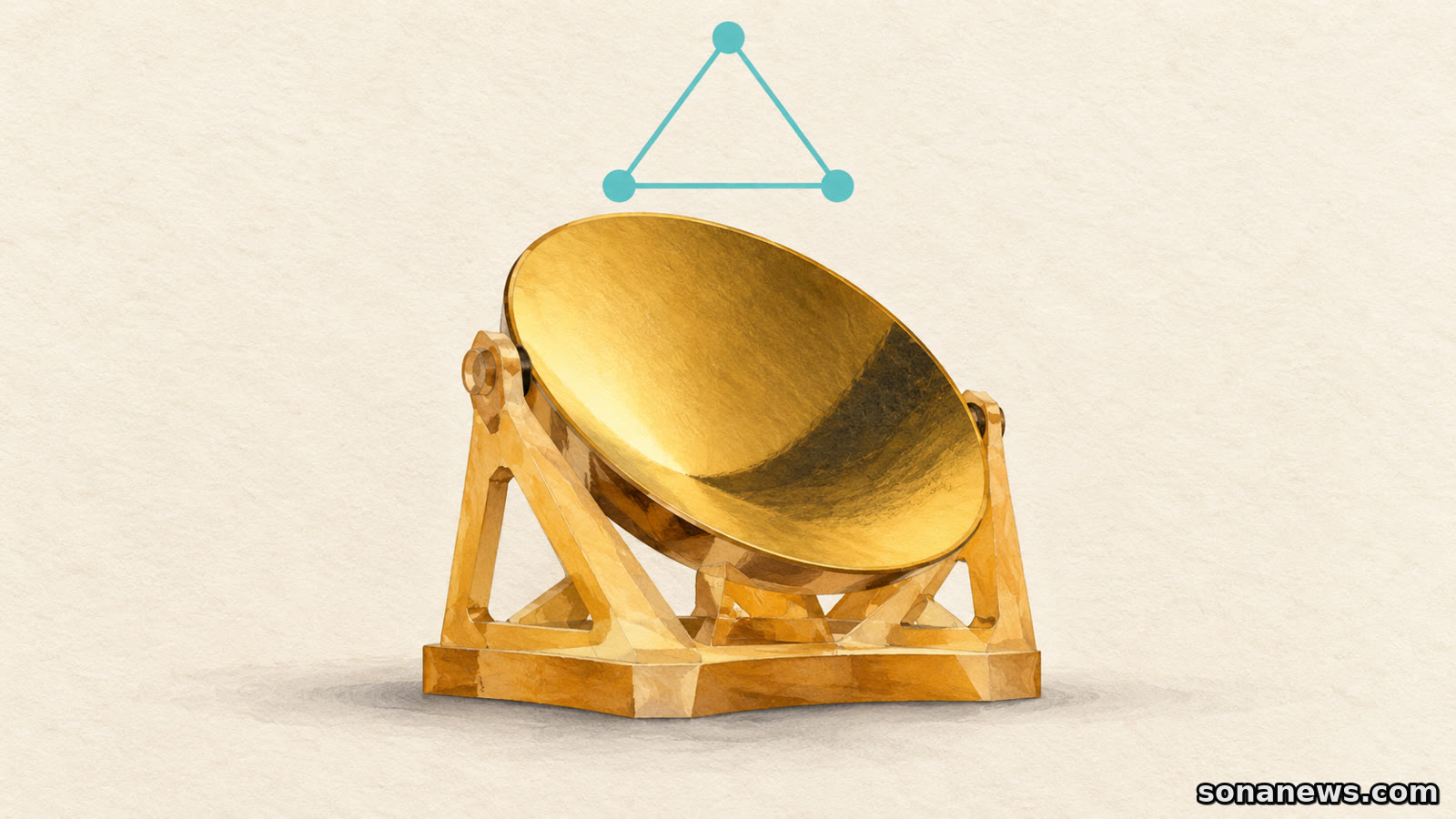 Illustration of an amber-framed gold telescope mirror beneath a three-node triangle representing LISA's planned laser-linked constellation.
