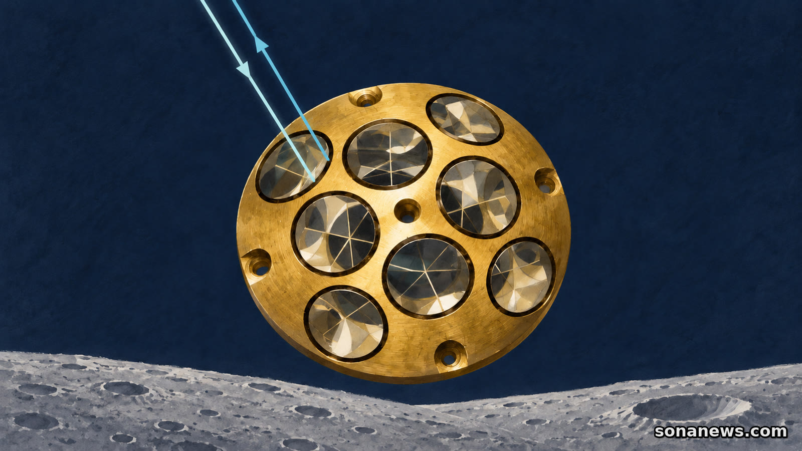 Conceptual lunar laser retroreflector with circular glass prisms and a returning light path above a simplified cratered surface.