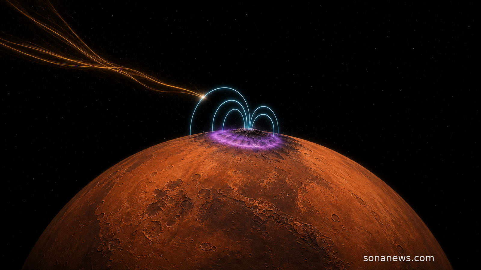 Conceptual Mars with a localized violet aurora beneath small crustal magnetic loops reconnecting with the solar wind.