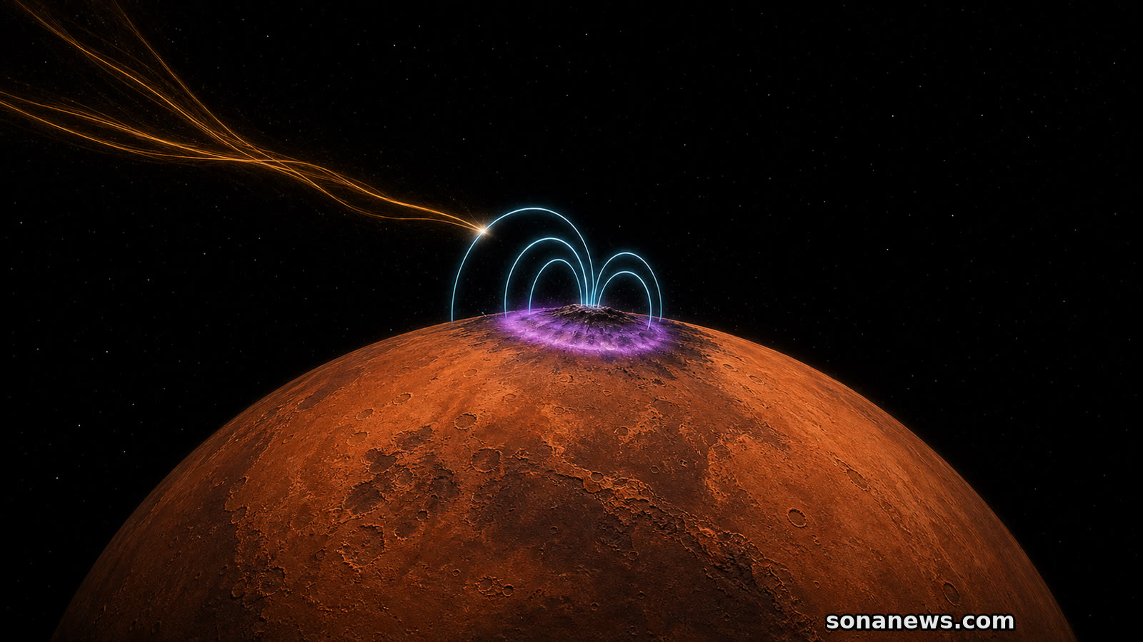 Conceptual Mars with a localized violet aurora beneath small crustal magnetic loops reconnecting with the solar wind.