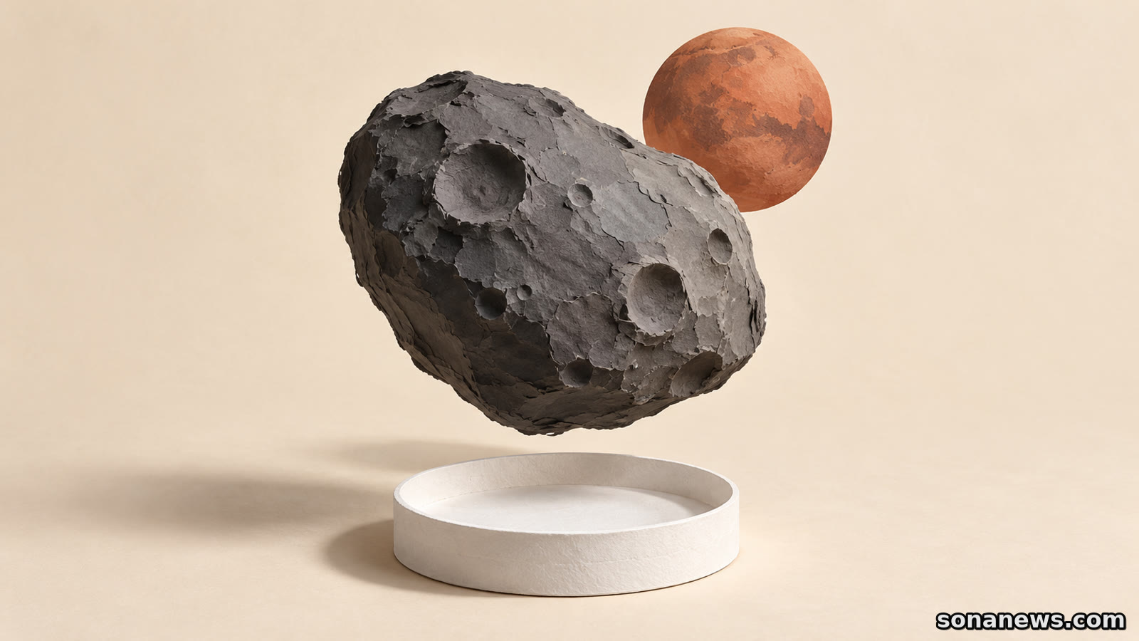 Concept illustration of a dark, irregular Phobos model above an empty sample dish, with a rust-coloured Mars behind it.
