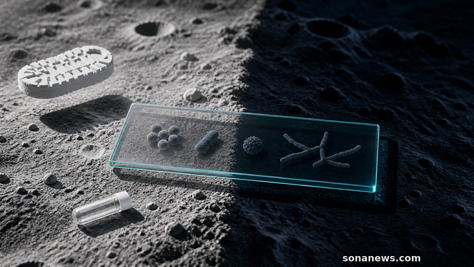 A conceptual lab slide of Earth microbe forms spans light and shadow above a lunar south pole terrain model.