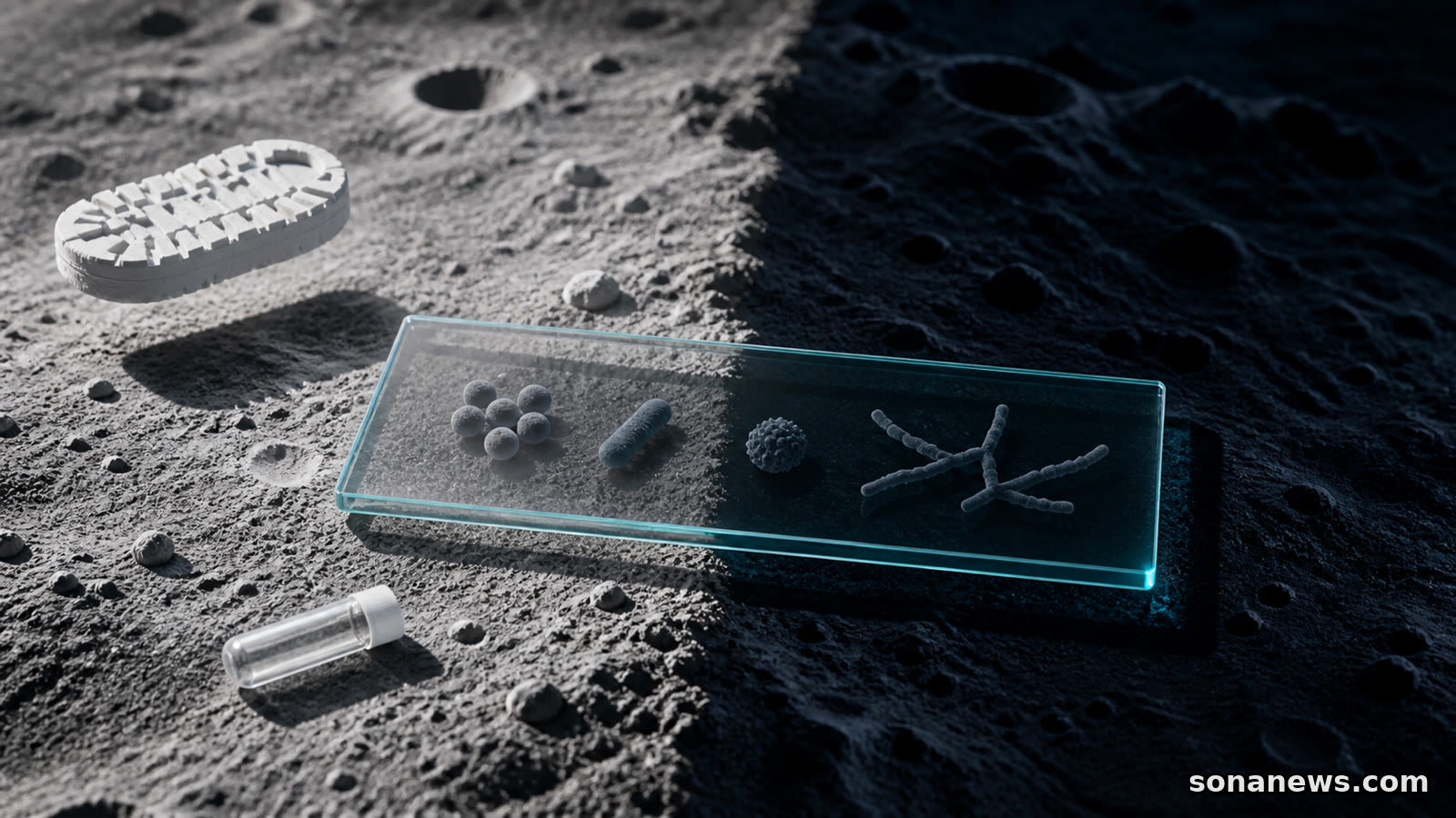 A conceptual lab slide of Earth microbe forms spans light and shadow above a lunar south pole terrain model.