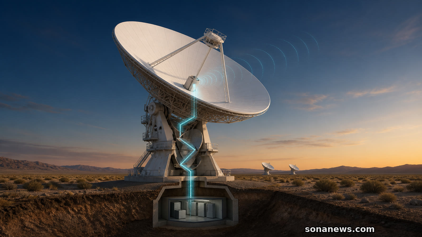 Conceptual cutaway of NASA's DSS-23 deep-space radio dish routing a signal to an underground receiver room.