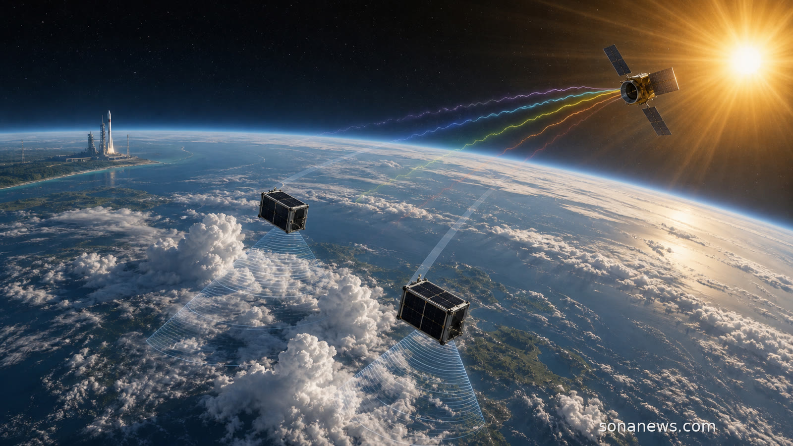 Twin PolSIR CubeSats scan tropical ice clouds while a TSIS-2 solar irradiance spacecraft faces the Sun above Earth.