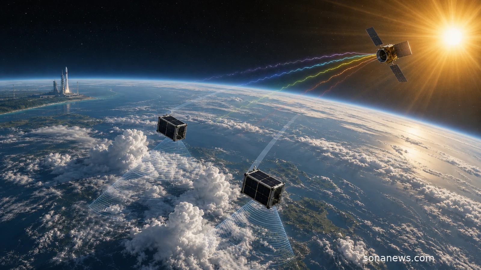 Twin PolSIR CubeSats scan tropical ice clouds while a TSIS-2 solar irradiance spacecraft faces the Sun above Earth.