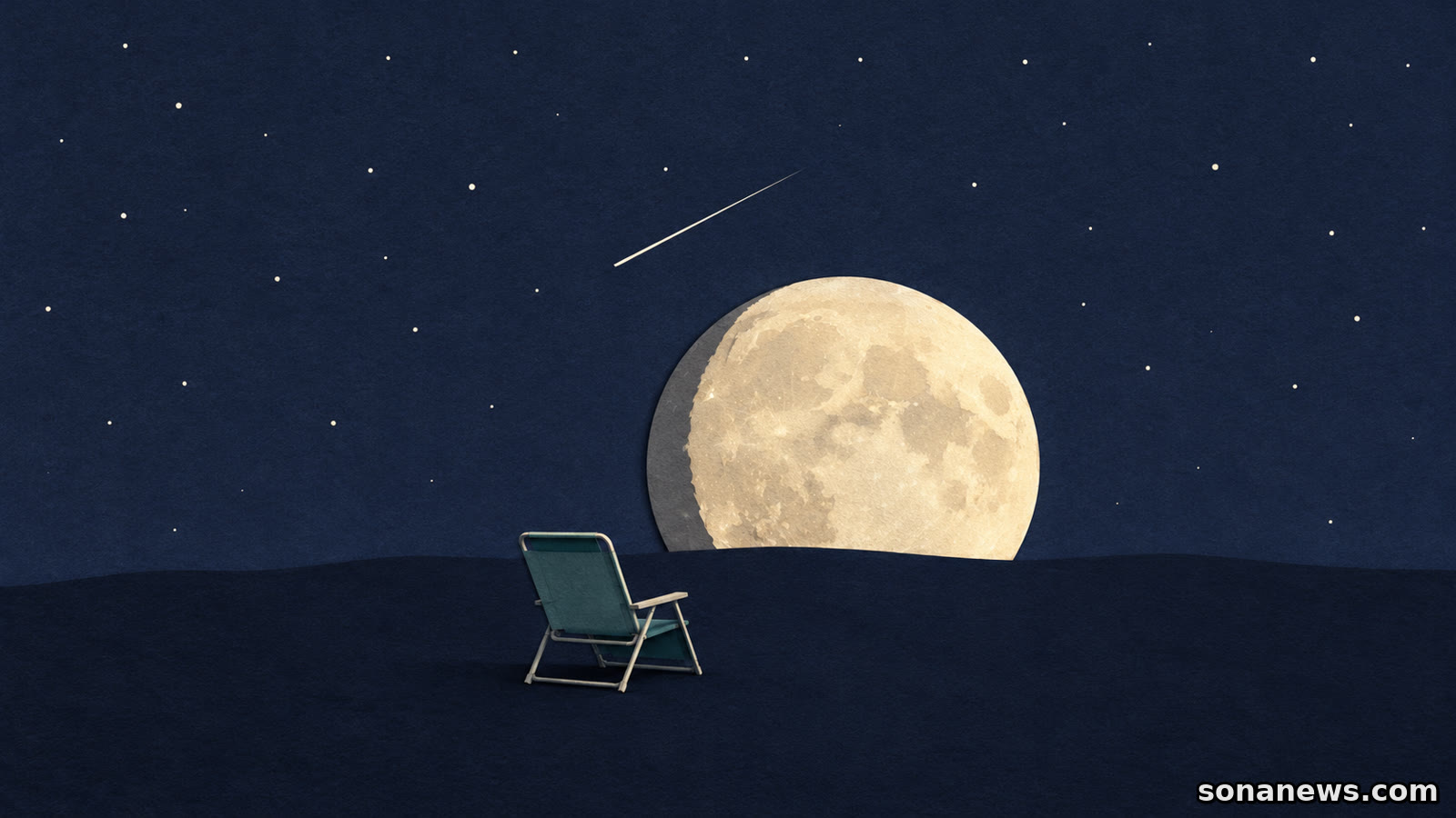Conceptual Orionid meteor above a low, partly hidden Moon and a reclining observing chair, illustrating the wait for darker skies.