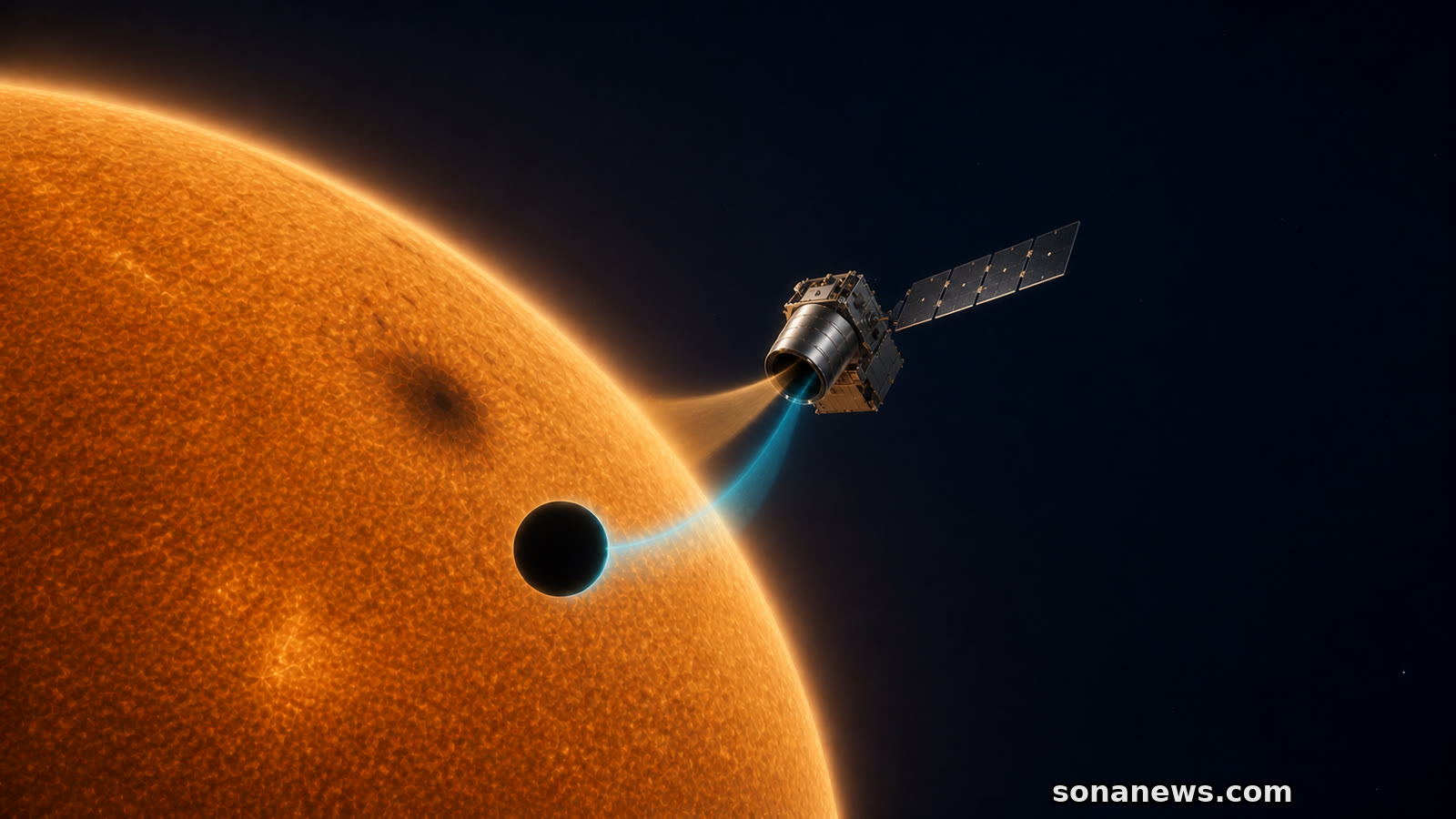 A conceptual Pandora telescope separates light from a transiting exoplanet and its spotted host star.
