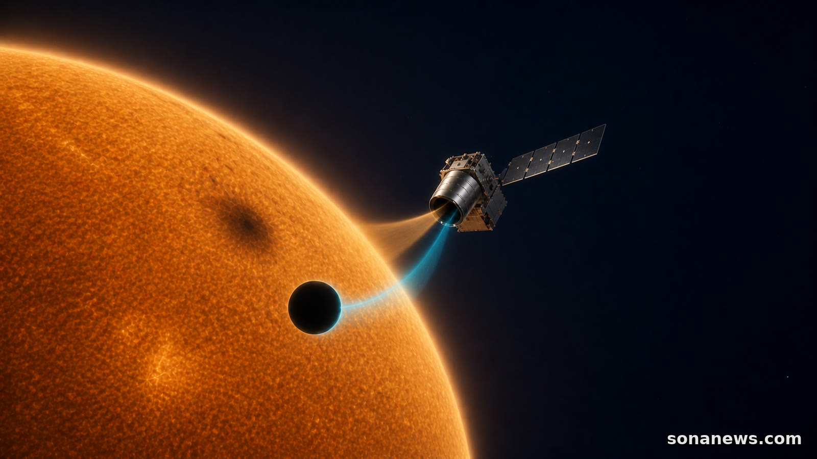 A conceptual Pandora telescope separates light from a transiting exoplanet and its spotted host star.