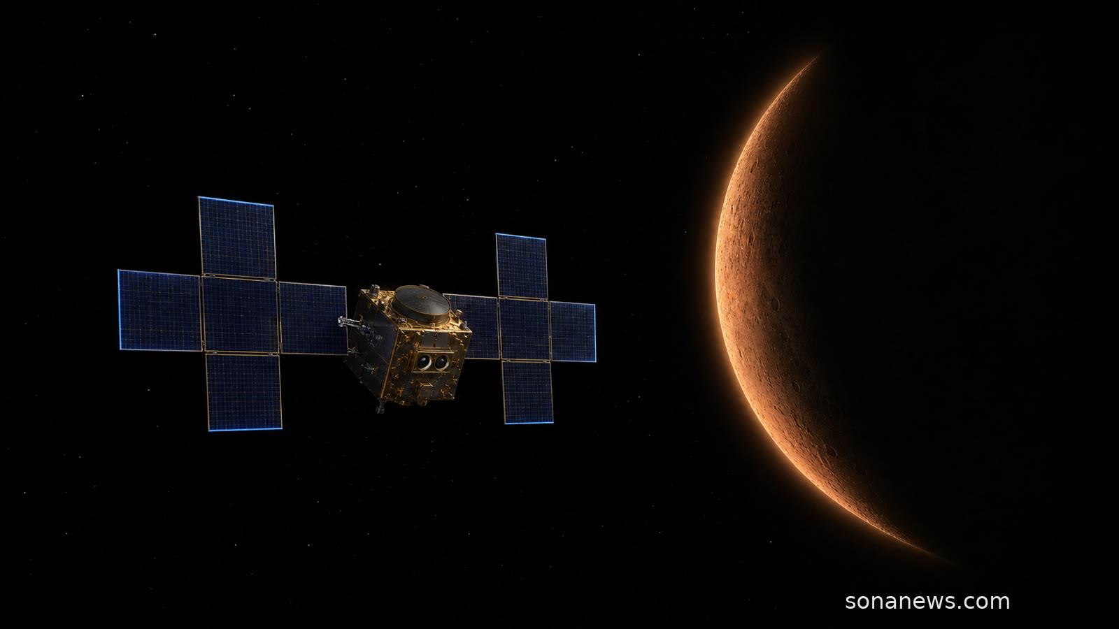 NASA's Psyche spacecraft faces a crescent Mars while its twin cameras rehearse for the asteroid mission.
