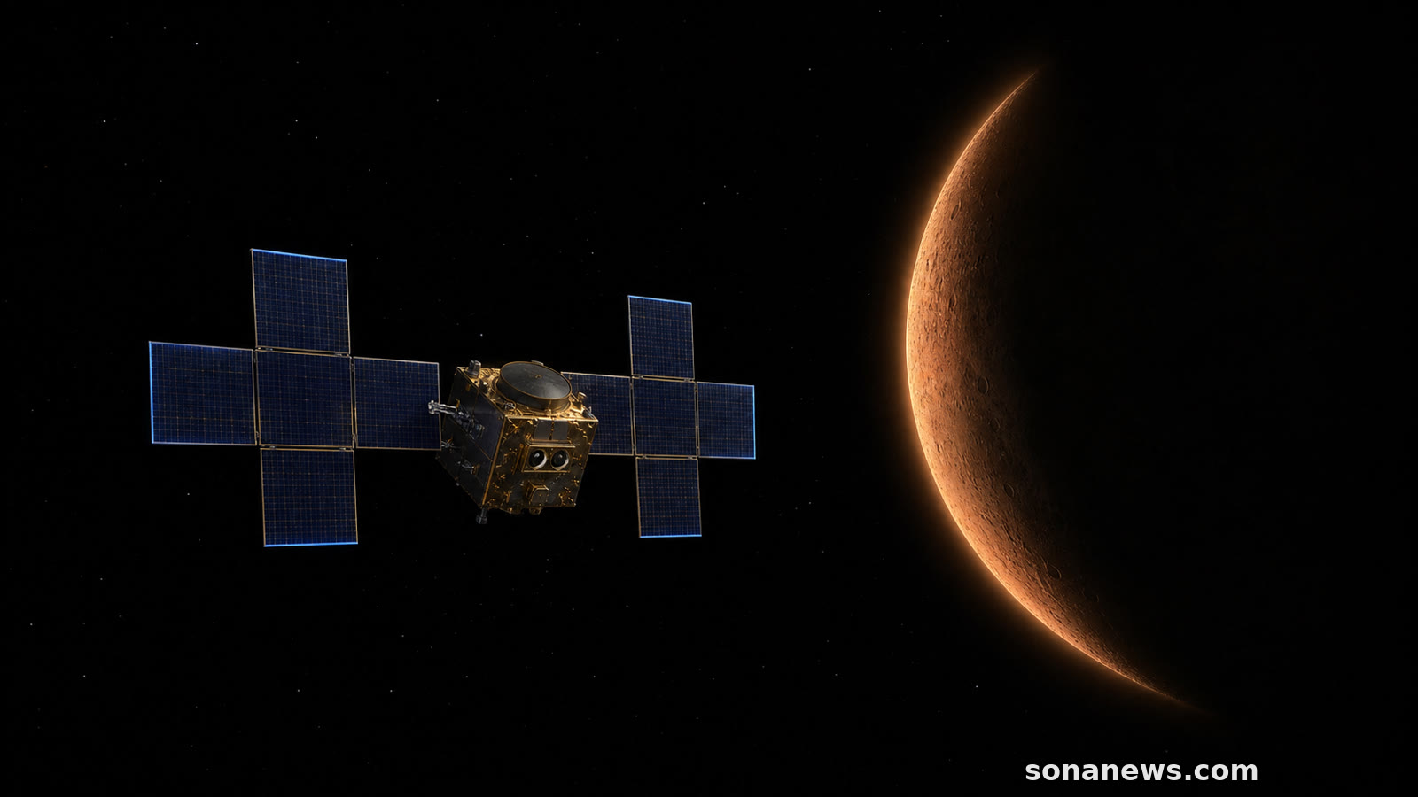 NASA's Psyche spacecraft faces a crescent Mars while its twin cameras rehearse for the asteroid mission.