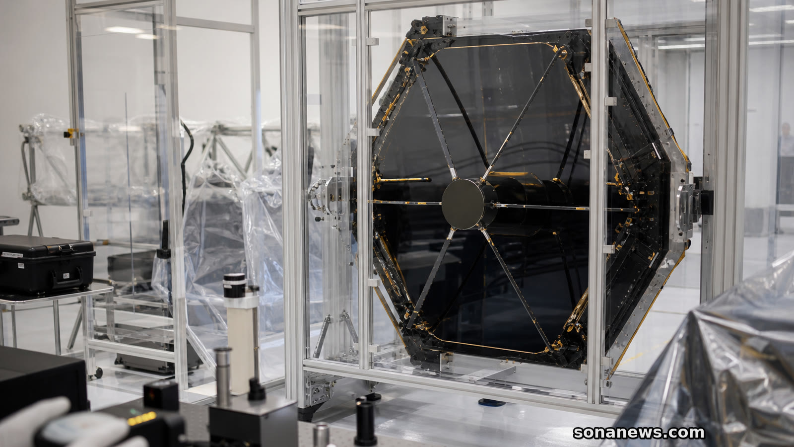 Spacecraft integration room with protected telescope mirror and inspection equipment, illustrating NASA Roman Space Telescope final launch checks.