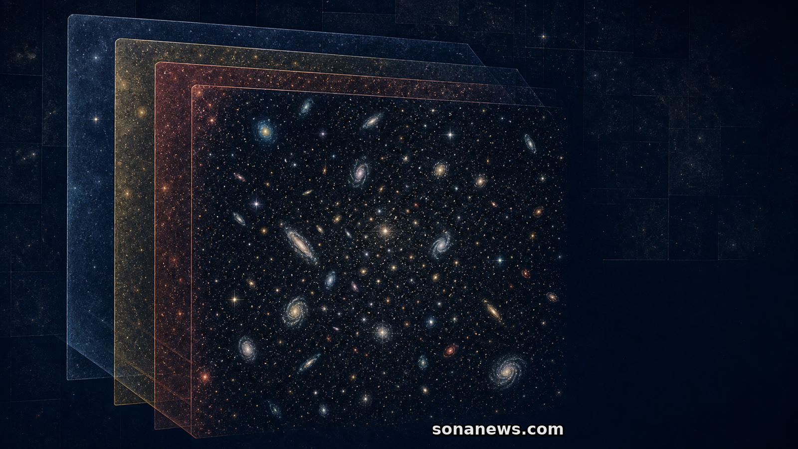 Conceptual illustration of stacked Rubin observations converging into a dense COSMOS galaxy field.