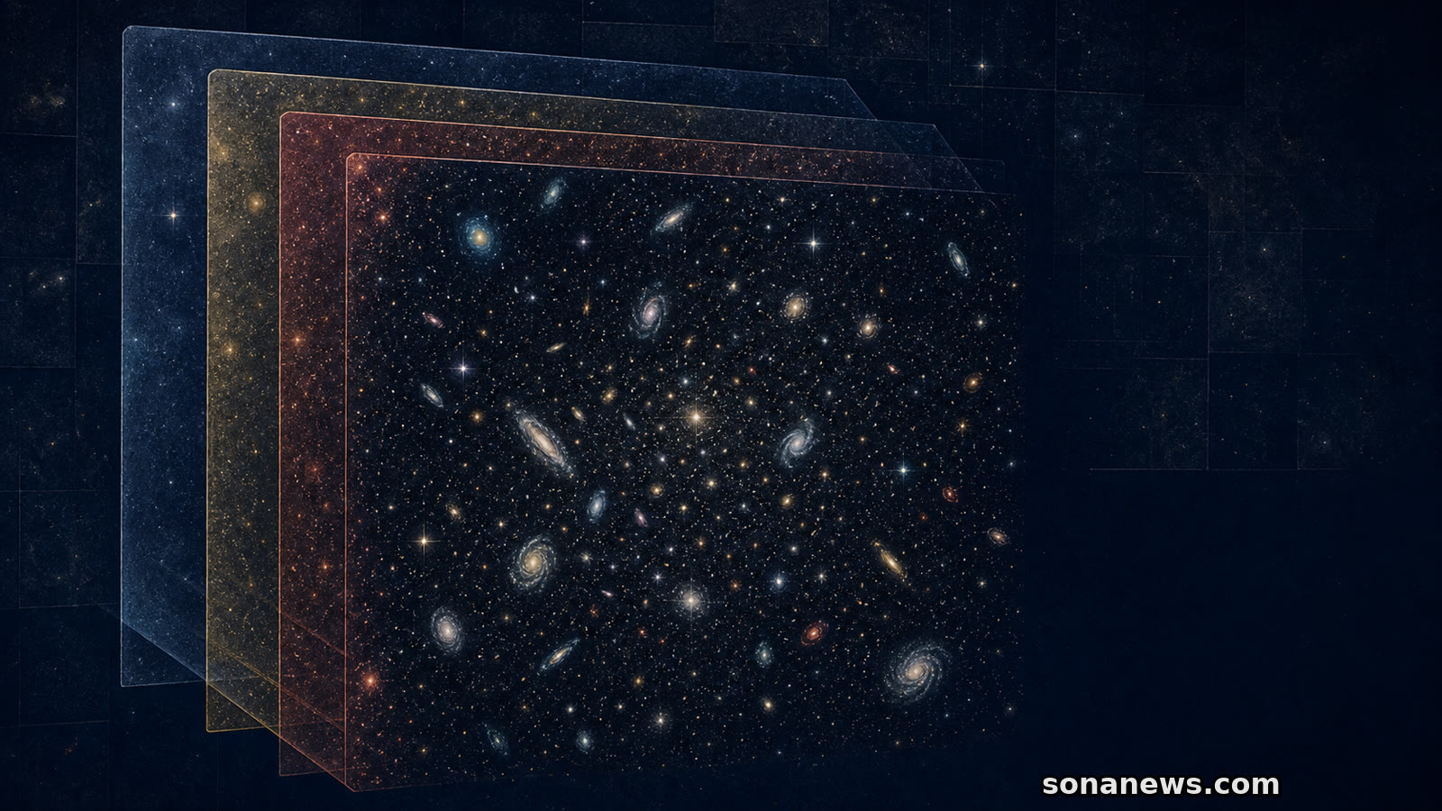 Conceptual illustration of stacked Rubin observations converging into a dense COSMOS galaxy field.