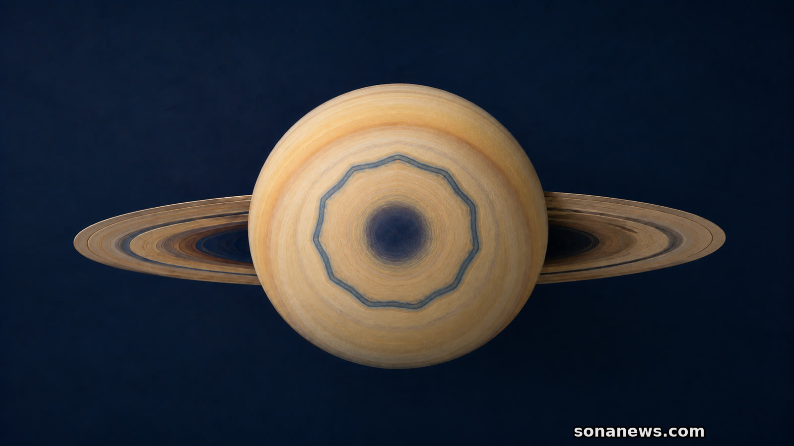 Conceptual Saturn model viewed over its south pole, with a blue ten-sided atmospheric wave framed by the planet's rings.