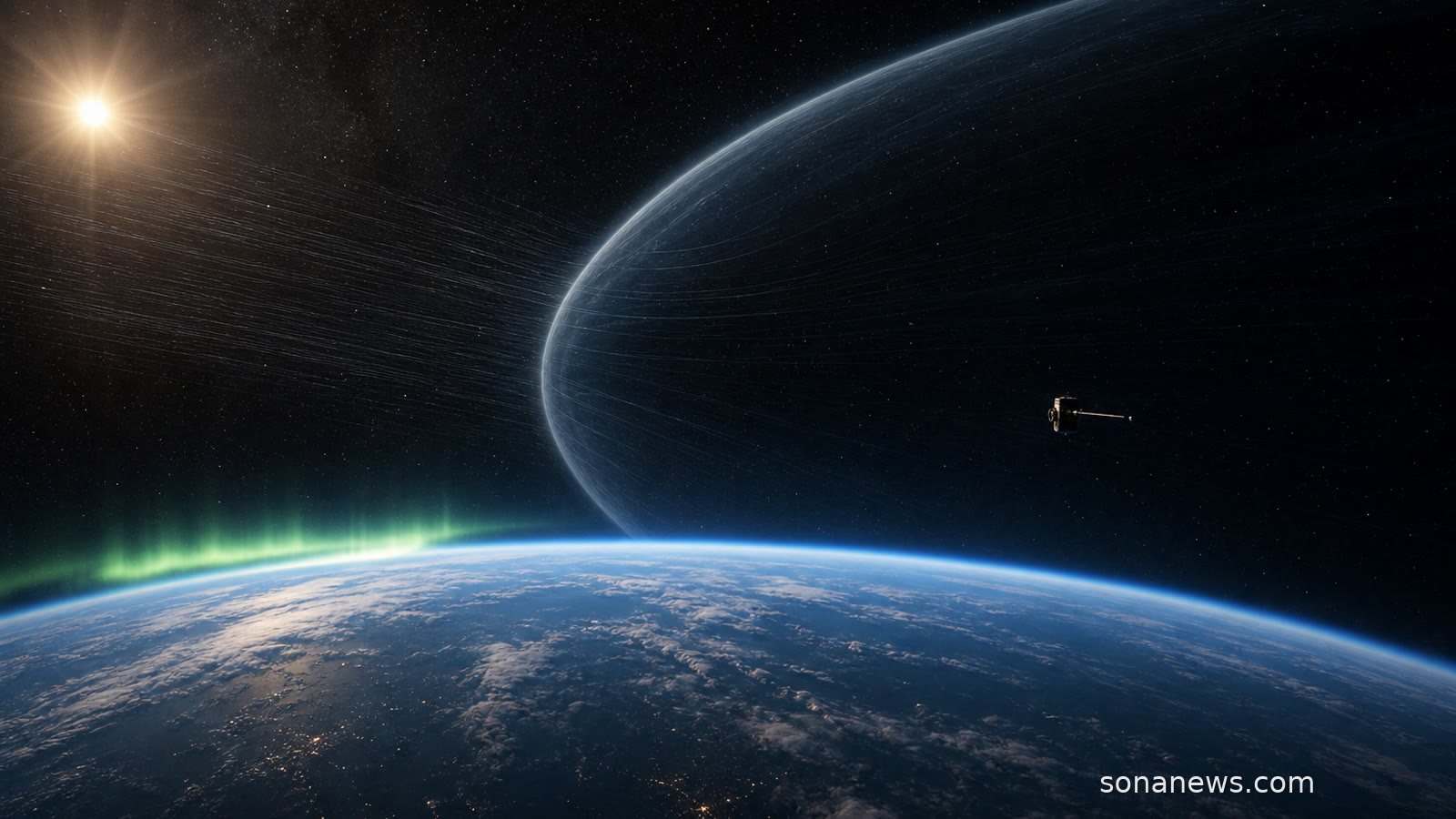 Earth’s magnetic shield curves through space as solar wind reaches the Smile mission’s observing region.