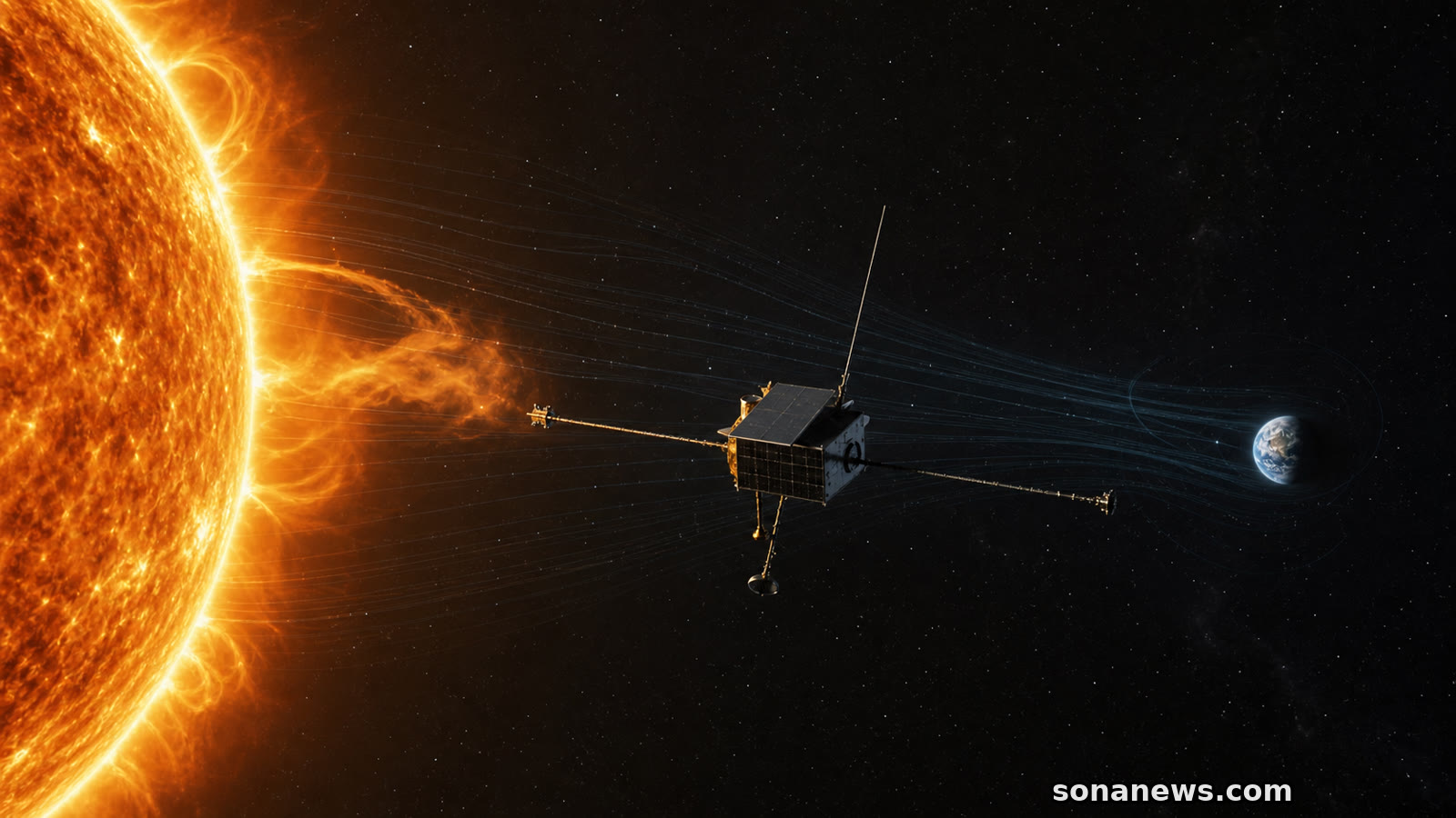 A small SOLAR-1 space-weather spacecraft watches the Sun from deep space as Earth sits in the distance.