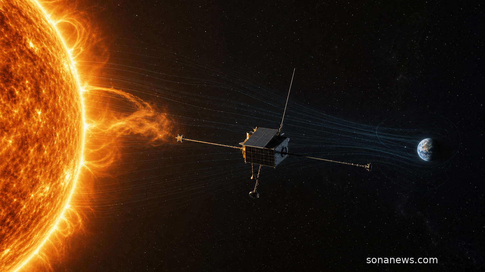 A small SOLAR-1 space-weather spacecraft watches the Sun from deep space as Earth sits in the distance.