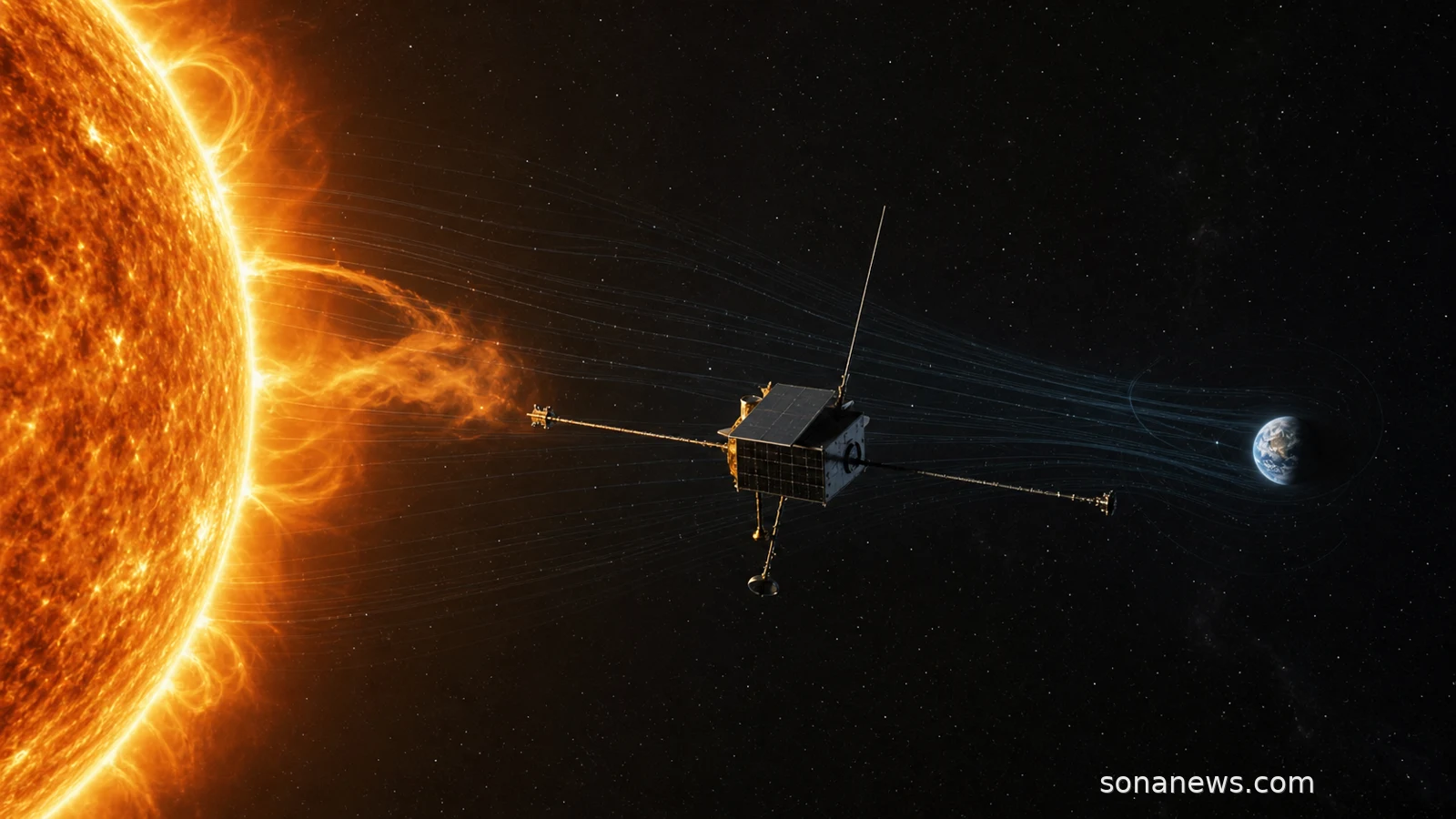 A small SOLAR-1 space-weather spacecraft watches the Sun from deep space as Earth sits in the distance.