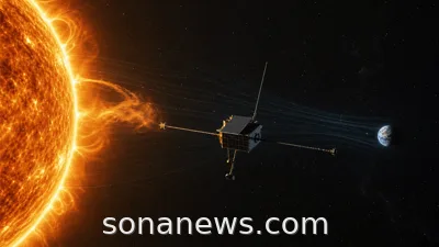 A small SOLAR-1 space-weather spacecraft watches the Sun from deep space as Earth sits in the distance.
