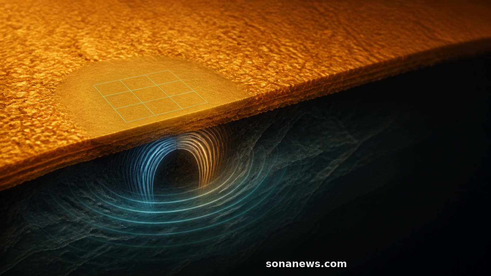 Conceptual acoustic ripples and magnetic flux rising beneath a measured patch of the Sun before an active region appears.