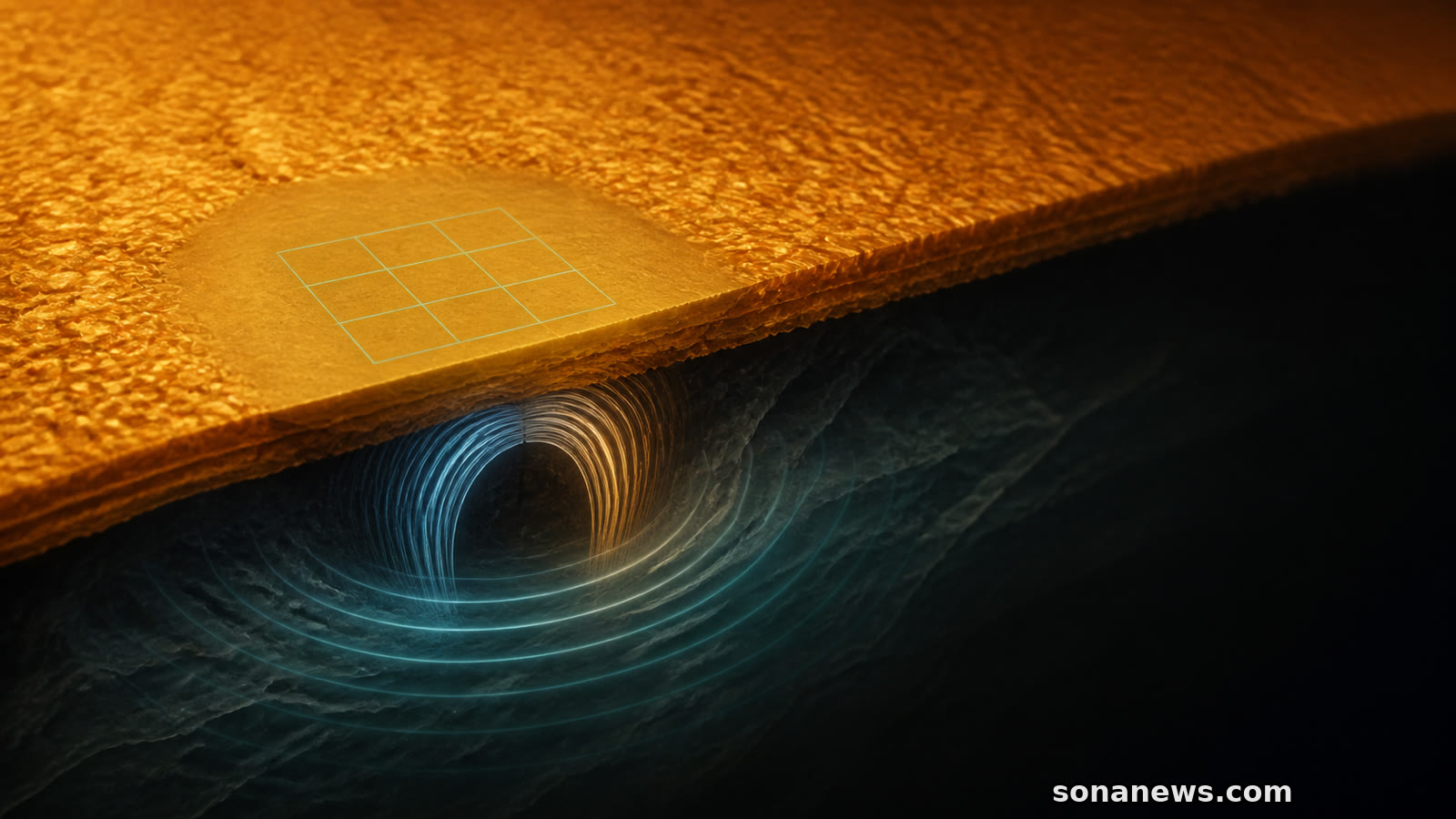 Conceptual acoustic ripples and magnetic flux rising beneath a measured patch of the Sun before an active region appears.