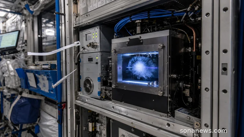 Cold Atom Lab hardware in a calm ISS rack with a subtle ultracold atom cloud visualization.